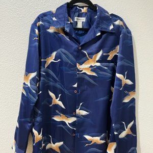 Vintage Polyester Tori Richard Long-Sleeve Aloha Shirt - Blue & White Cranes